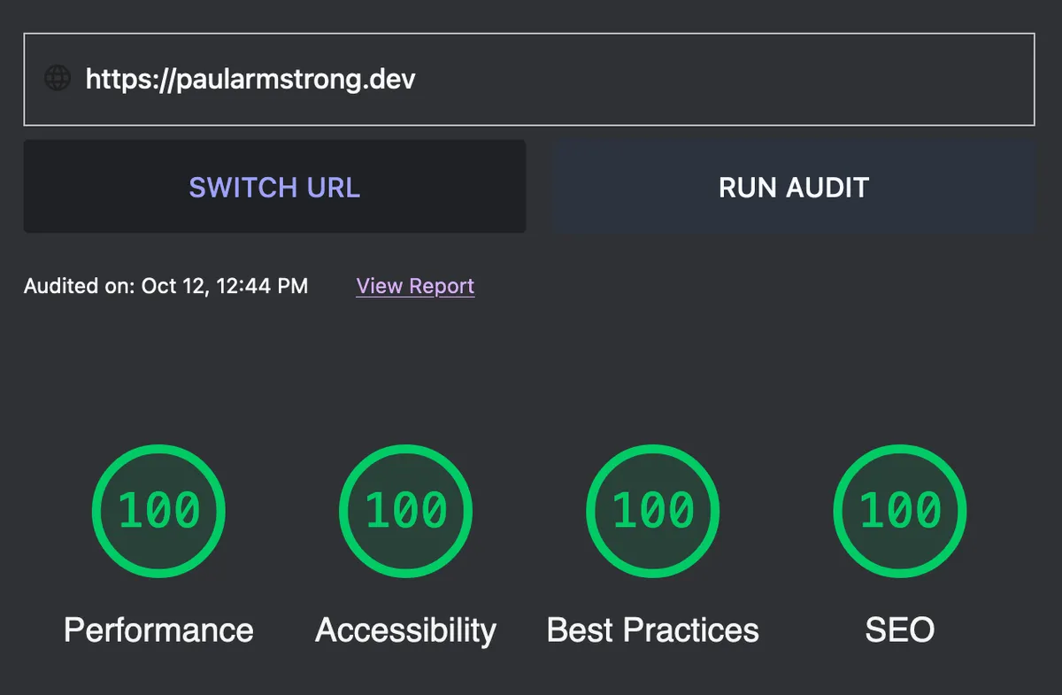 Lighthouse score for paularmstrong.dev showing a perfect score of 100 for all metrics