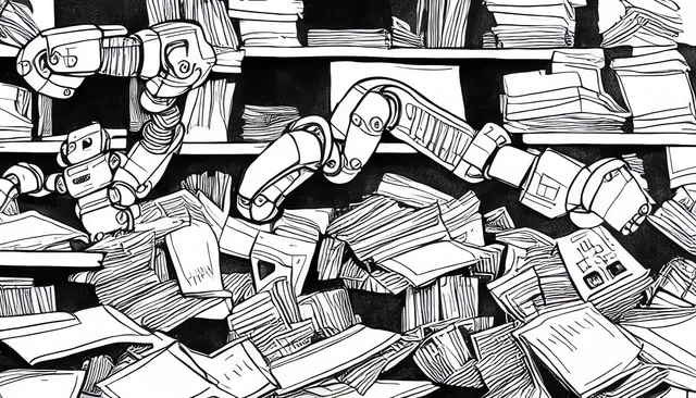 robot sifting through messy stacks of papers, black and white, Children’s Drawing