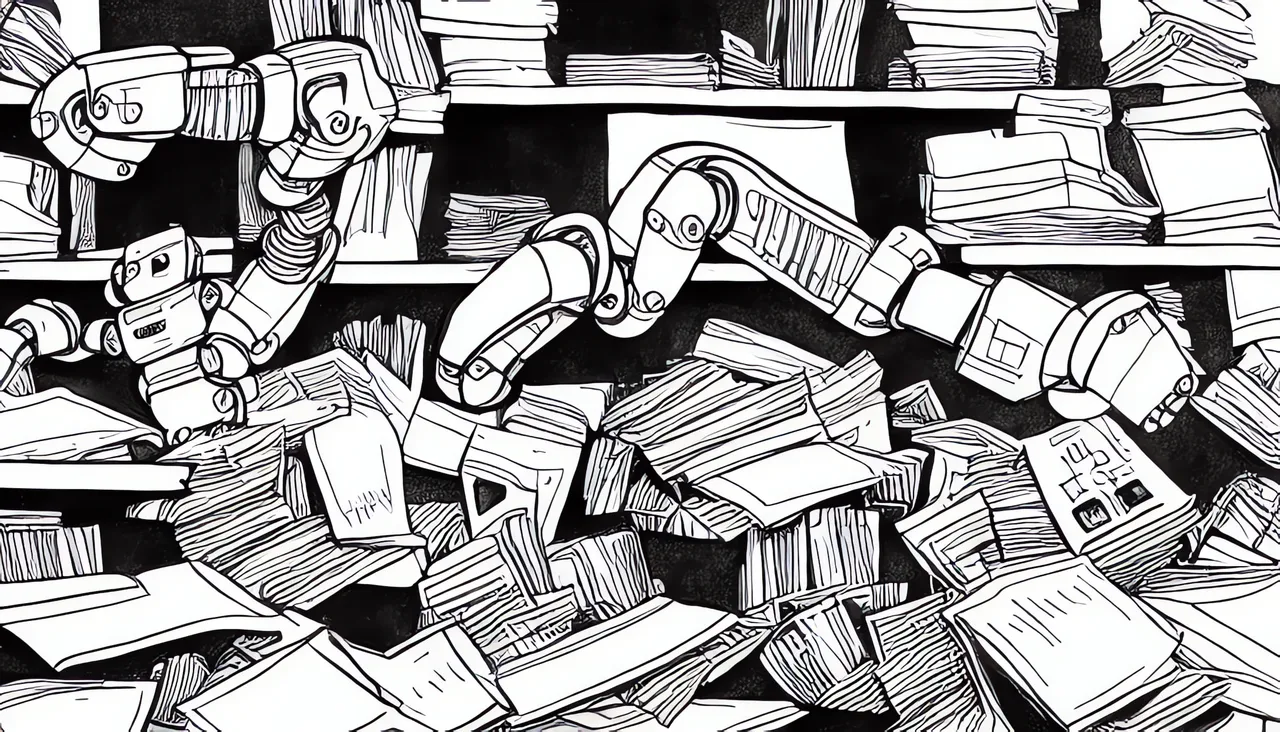 robot sifting through messy stacks of papers, black and white, Children’s Drawing
